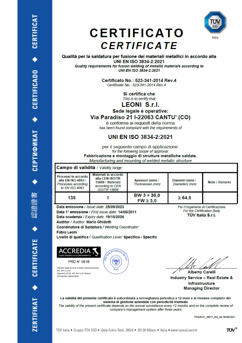 CERTIFICATO UNI 3834 SCADENTE IL 19 10 2026 523-341-2014 Rev.4