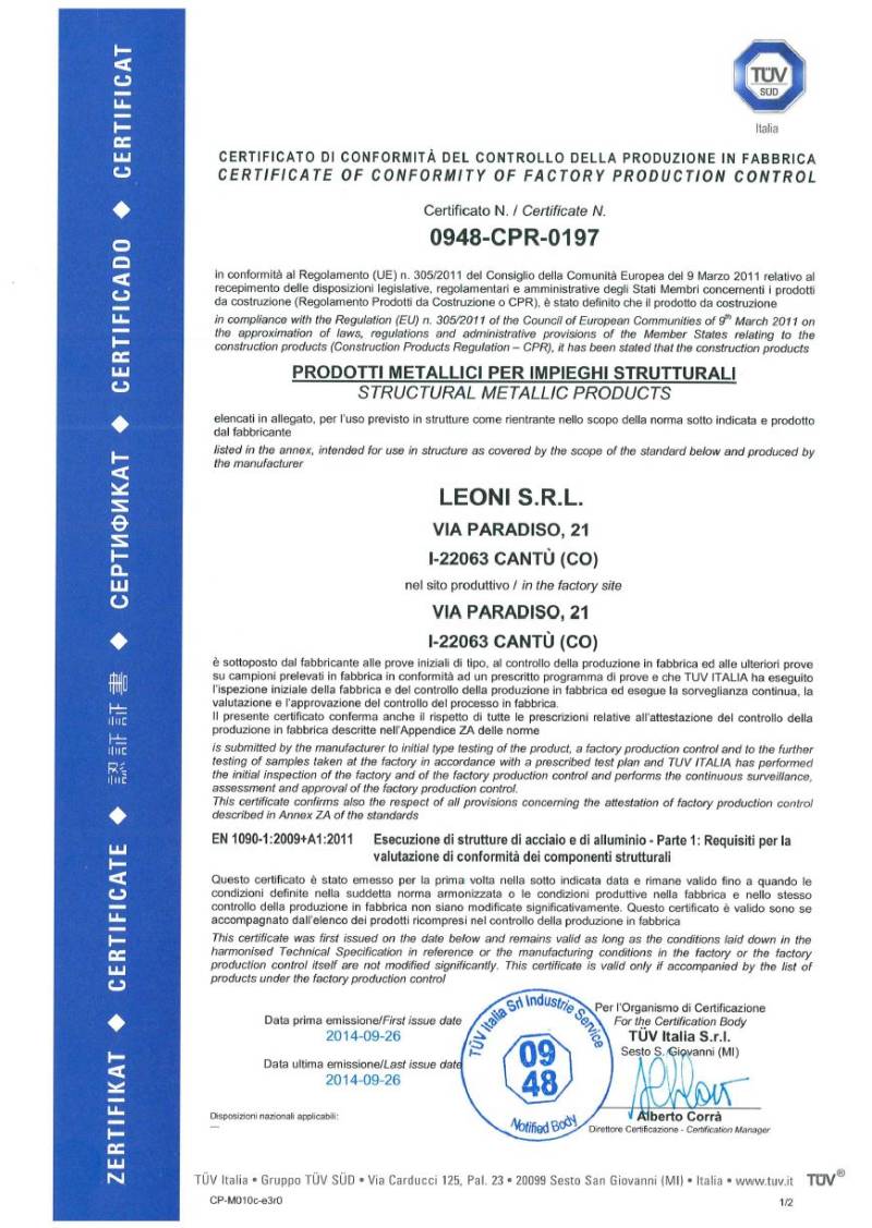certificazione CE-ATTESTATO EN 1090 1